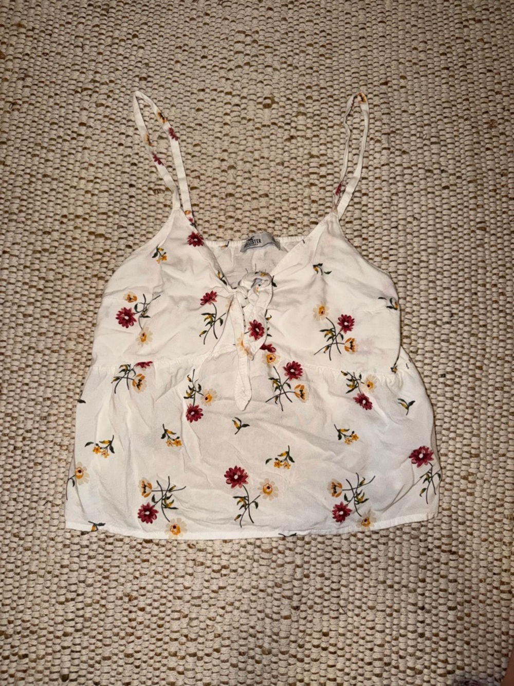 Hollister White Floral Tie-Front Cami with Red & Yellow Blooms